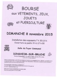 Bourse Aux Vetements tous âges, Jouets Et Puericulture. Le dimanche 8 novembre 2015 à DINSHEIM sur BRUCHE. Bas-Rhin.  09H00